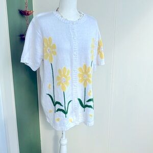 Vintage 90s The Quacker Factory Yellow Floral Short Sleeve Cardigan